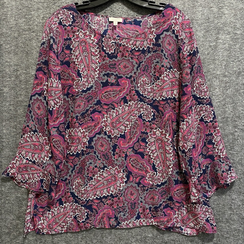 Talbots Top Womens XL Purple Pink Paisley Boho Flowy Popover Tunic Casual Office